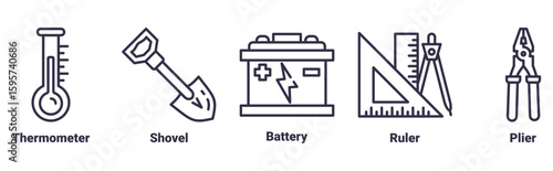 thermometer, shovel, battery, ruler, plier icon set illustration concept about Work Tools
