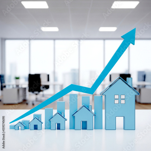 Real Estate Business Growth Concept with Blue Graph and Rising Arrow in Modern Office Background. 
