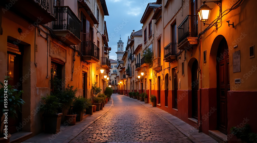 Fototapeta premium Enchanting evening ambiance in a historic european city with warm light illumination