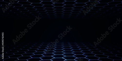 Dark background with modern and futuristic blue hexagonal shapes. Future technology pattern design.