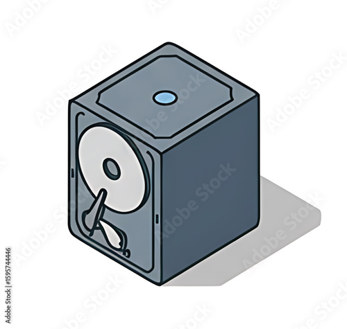 Isometric illustration depicting a hard drive, showcasing its internal components and design.