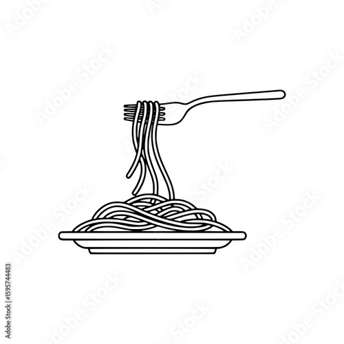 Vector outline of plate of spaghetti with a fork twirling some strands of pasta