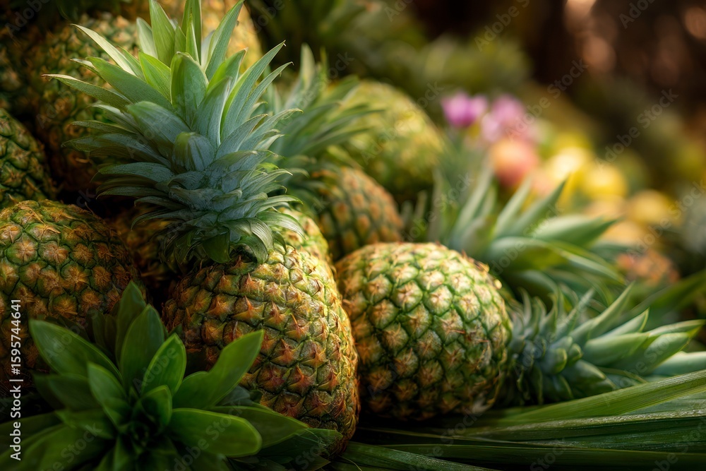 Fototapeta premium A cluster of pineapples with their green tops clustered together amid scattered foliage