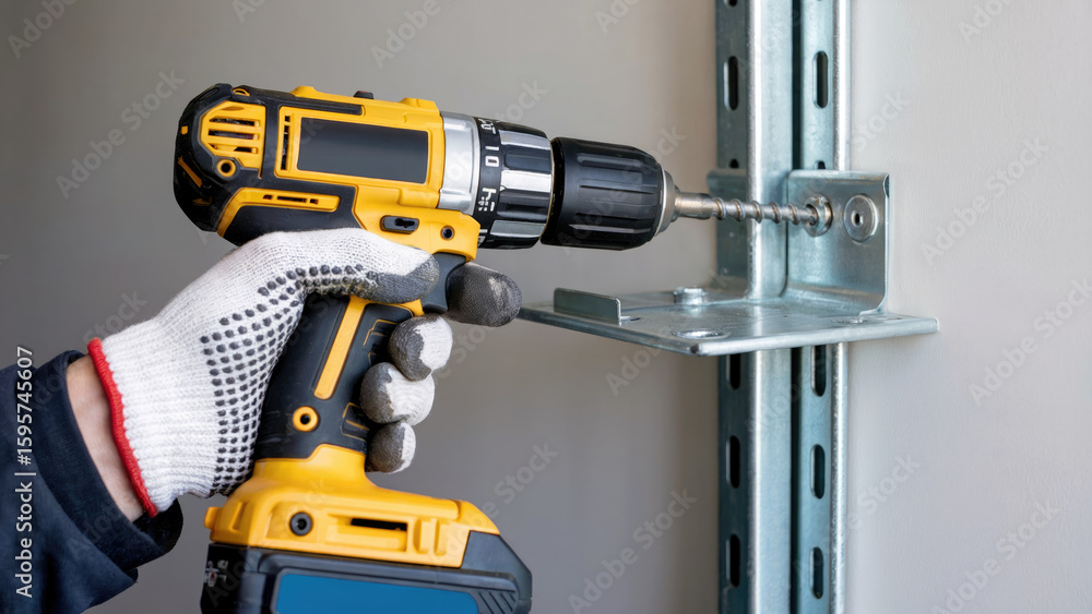 Fototapeta premium Hand using power drill screws metal bracket into wall fixture