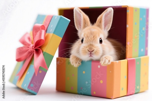 Adorable baby bunny nestled inside a colorful gift box, peeking out curiously.