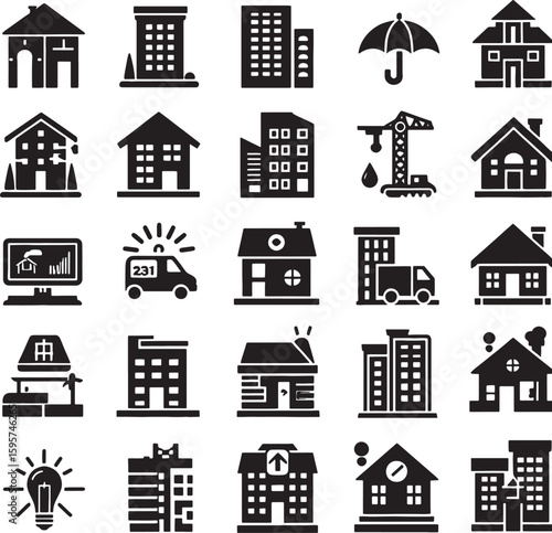 house icons set building