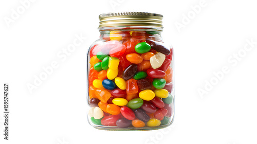 Glass jar filled with colorful jelly bean candies isolated on transparent background