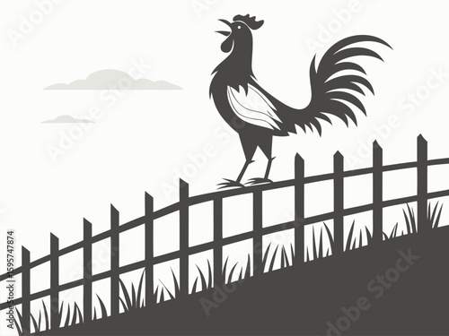 rooster crowing on fence, black and white clip art preview