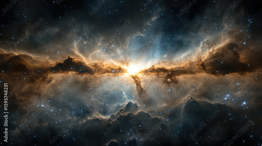 Fototapeta premium Brilliant flare shining at heart of newborn nebula, cosmic beauty and wonder