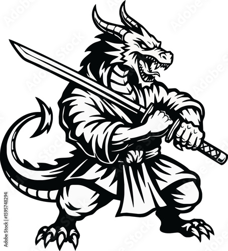 A fierce dragon, depicted in a dynamic stance, wielding a katana, embodying a warrior spirit.