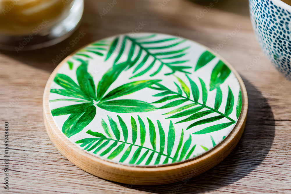 Vibrant Green Leaf Pattern Coaster on a Wooden Surface with Soft Natural Light Vibrant Green Leaf Pattern Coaster on a Wooden Surface with Soft Natural Light