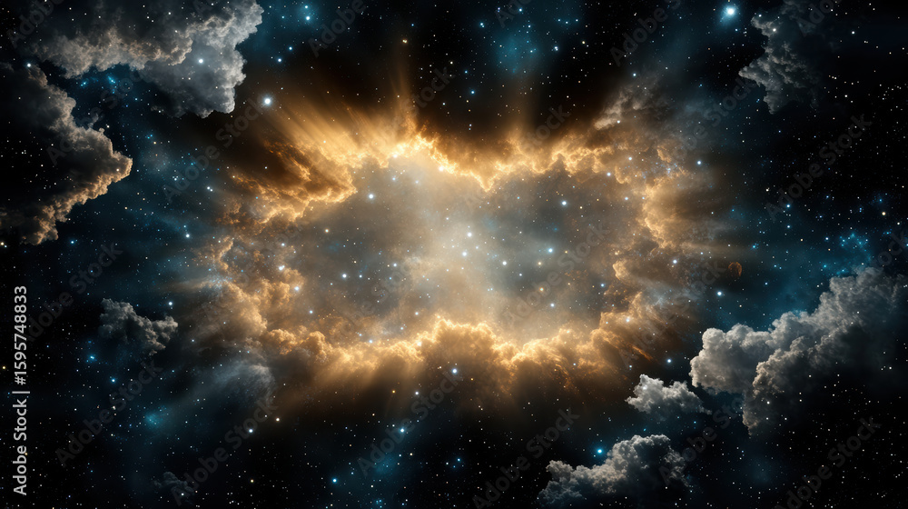 Fototapeta premium Stunning cosmic scene featuring vibrant orange and teal clouds colliding starry expanse