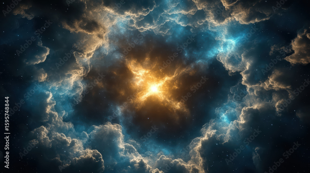 Bright cosmic explosion surrounded by swirling clouds creates stunning visual spectacle Bright cosmic explosion surrounded by swirling clouds creates stunning visual spectacle