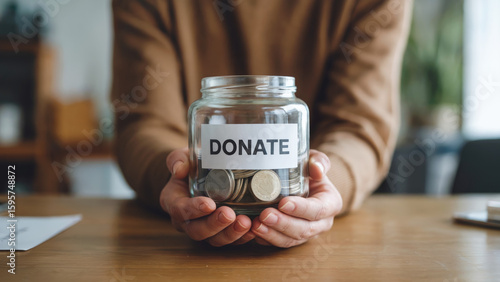 Person holding donation jar full of coins on a wooden table