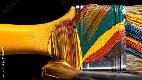 Vibrant Hues: A Close-Up of a Paintbrush Loaded with Multicolored Paint