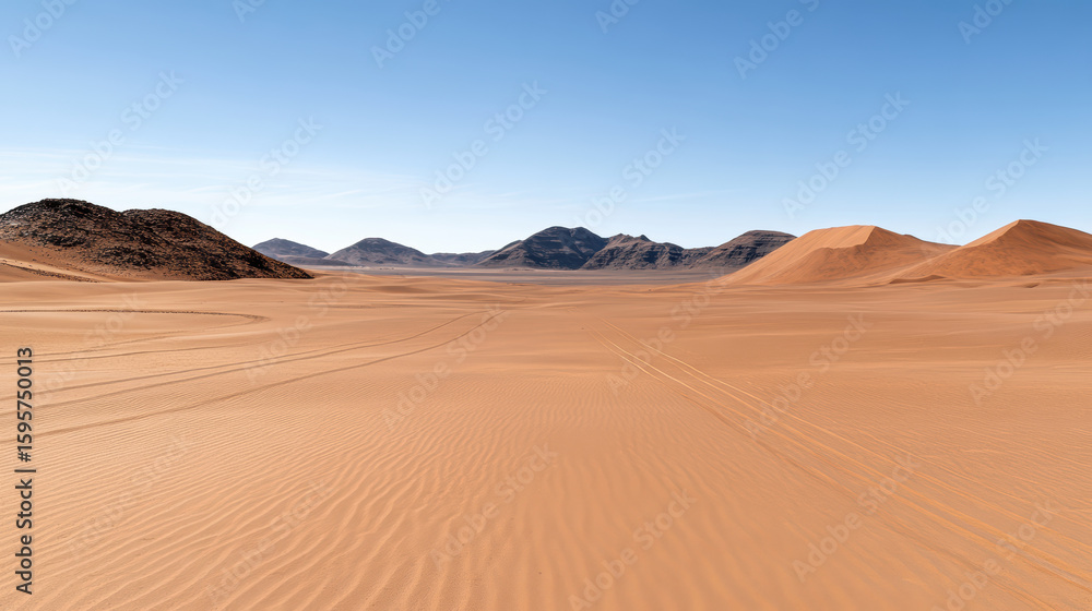 Vast desert landscape with rolling sand dunes and distant mountains under clear blue sky Vast desert landscape with rolling sand dunes and distant mountains under clear blue sky