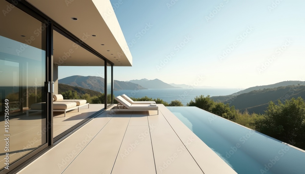 Fototapeta premium Luxury Villa Infinity Pool Overlooking Coastal Mountains