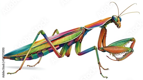 Colorful praying mantis illustration, poised with raptorial forelegs against white