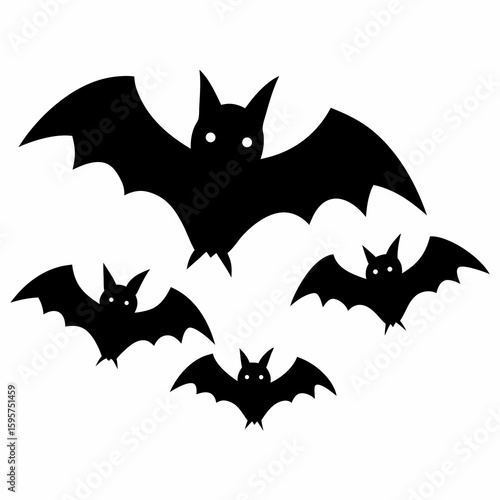 Five black bats flying white silhouette