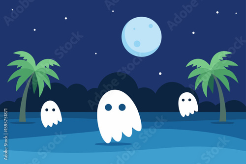 Glowing cauldron under a moonlight tropical scene
