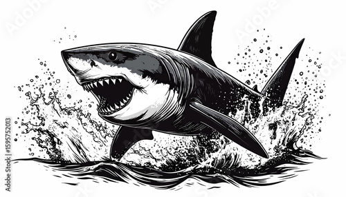 Great White Shark Illustration Aquatic Predator Leaping from the Ocean