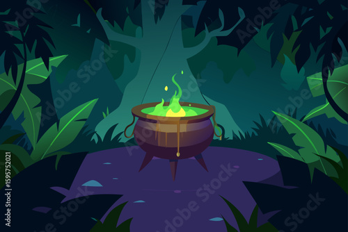 Witch cauldron glowing in forest clearing design
