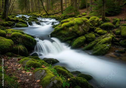 Silky River Flowing Over Mossy Rocks in Forest