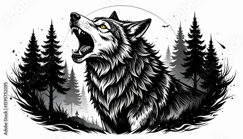 Majestic Howling Wolf in a Forest Clearing A Striking Wildlife Illustration Depicting Nature's Untamed Beauty