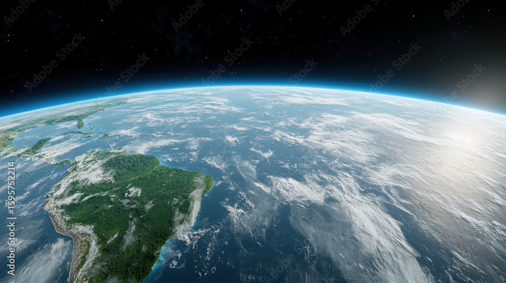 Fototapeta premium Earth view from space, showcasing vibrant landmasses and clouds, evokes sense of wonder