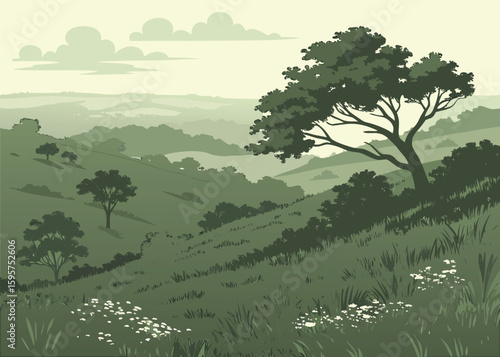 Dense trees atop green hillside in rural setting