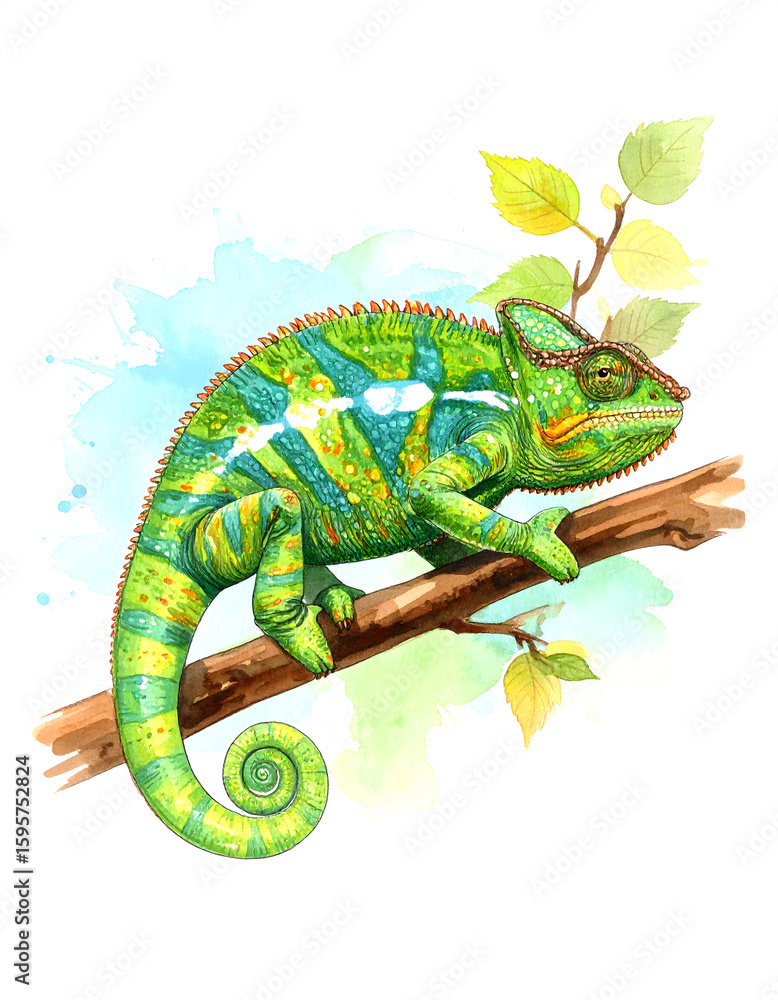 Obraz premium A vibrant watercolor illustration of a green and blue chameleon perched on a branch with leaves, featuring artistic splashes and a lively, detailed style