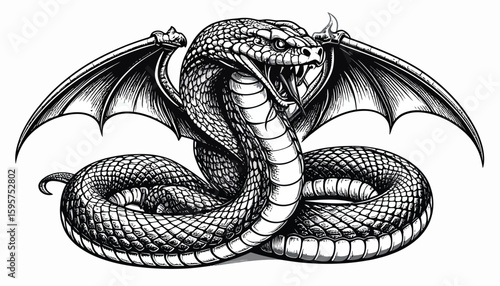 Intricate Engraving of a Mythical Winged Serpent Coiled and Ready to Strike, Detailed Illustration