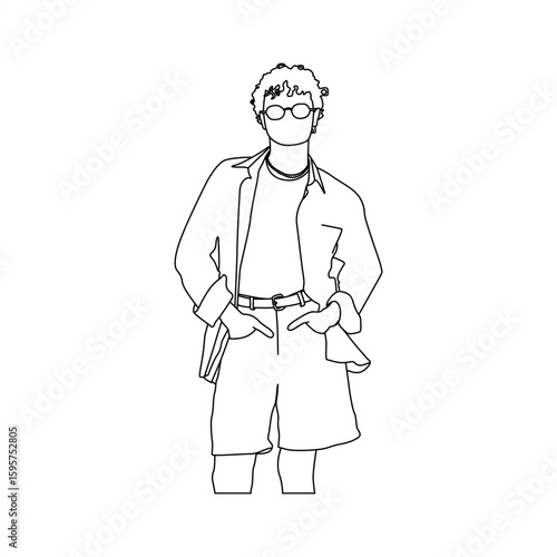 Casual Male Line Art Pose with Shorts, Cool Stylish Man Outline in Relaxed Standing Pose