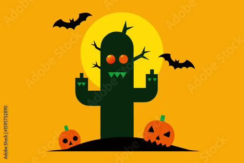 a spooky cactus with a glowing jack o lantern