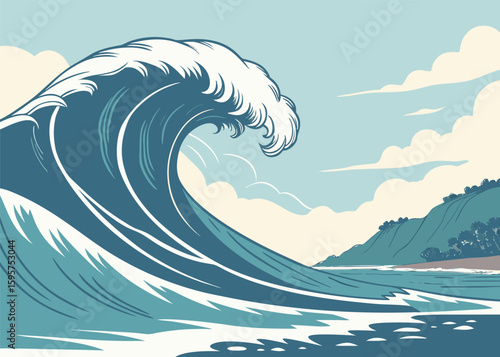 Giant ocean wave crashing under a clear sky