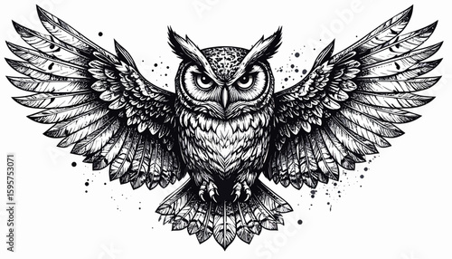 Detailed monochrome drawing of an owl with outstretched wings, showcasing intricate feather details and a focused gaze.