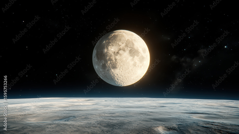 Obraz premium Stunning view of large moon illuminating night sky above cloud covered planet, creating serene