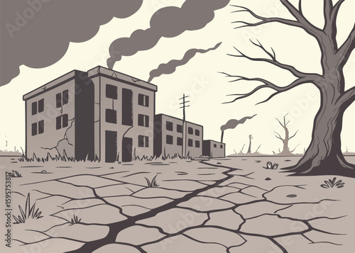 Cracked ground with leafless trees and buildings