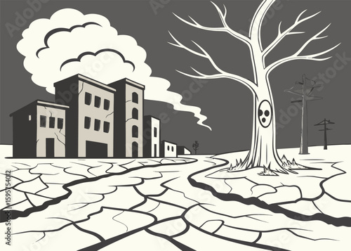 Urban drought with cracked ground and dry trees