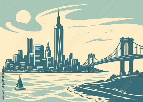 Futuristic city skyline with river and bridges