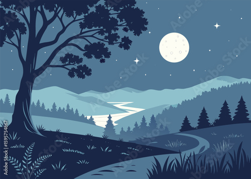 Moonlit forest landscape under night sky