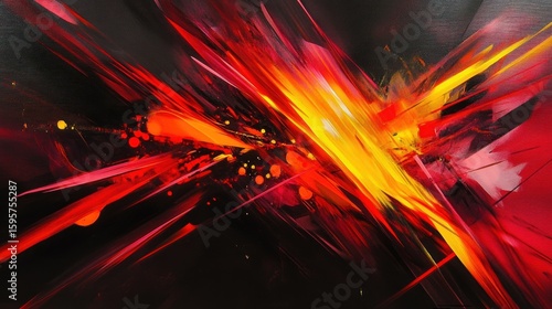 A high-energy abstract scene with intense neon streaks in red, yellow, and orange cutting through the darkness, creating a sense of movement and intensity