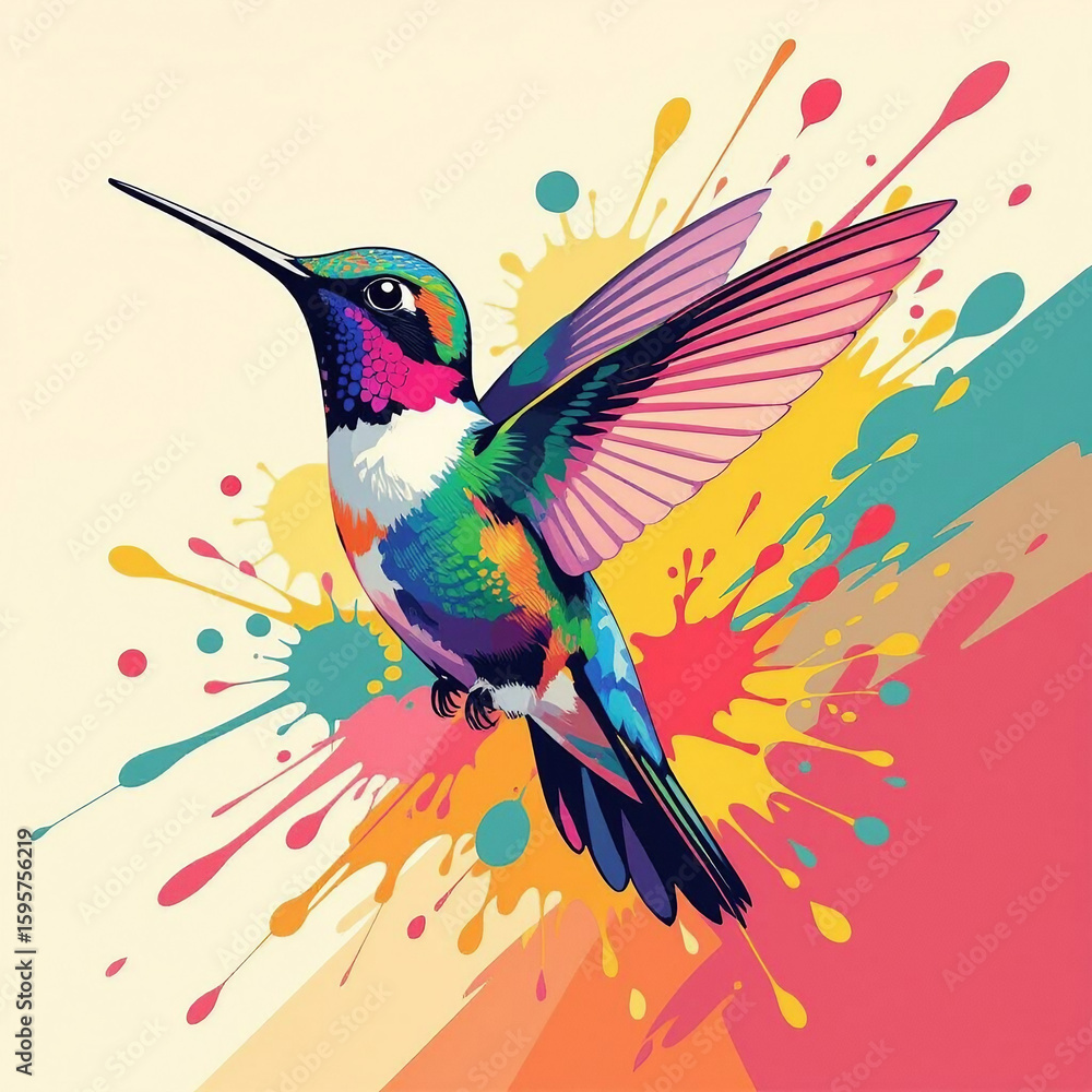 Fototapeta premium Vibrant hummingbird with paint splatter background.