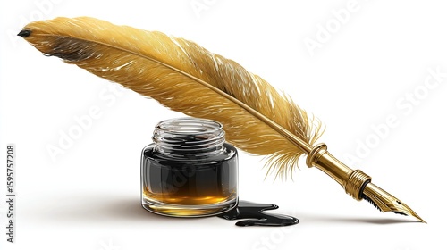 Quill pen & inkwell golden feather with black ink, shadow on a clean, white surface