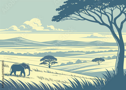 African grassland with elephants and umbrella trees
