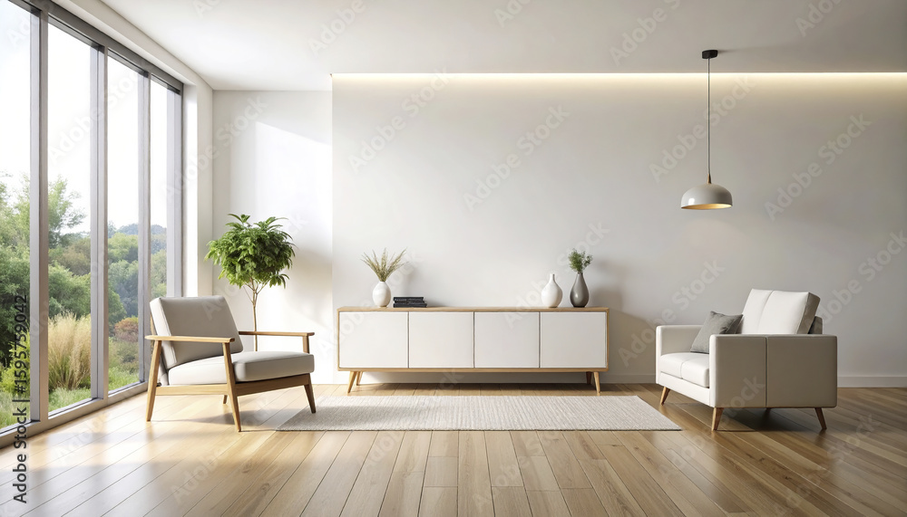 Fototapeta premium Minimalist living room with white armchair, wooden floor, sleek cabinet, large windows, and natural light creating calm and cozy atmosphere with modern decor and plants