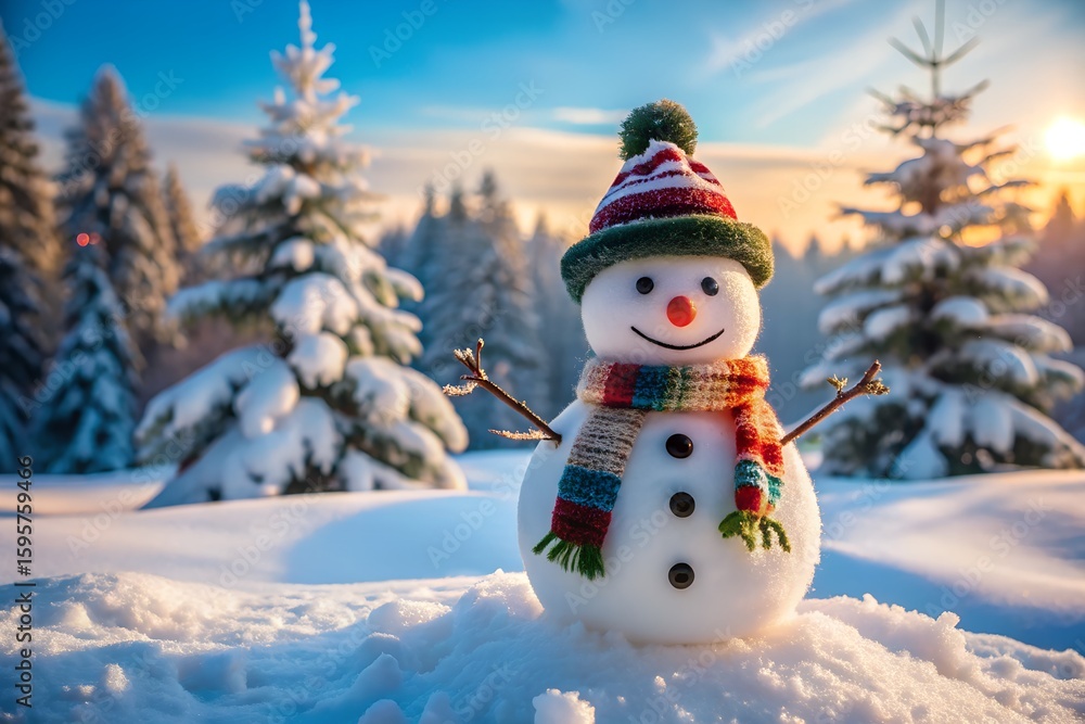 Fototapeta premium Joyful snowman wearing a hat and scarf in a snowy forest at sunset