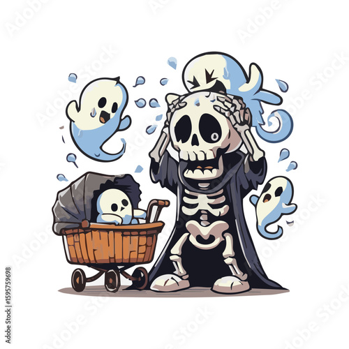 A cartoon skeleton parent panics while pushing a baby skeleton in a stroller, surrounded by playful ghosts. A hilarious and spooky Halloween scene full of charm and chaos.