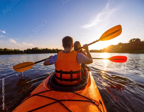 Kayaking adventure at sunset on a calm river with friends enjoying nature's beauty together