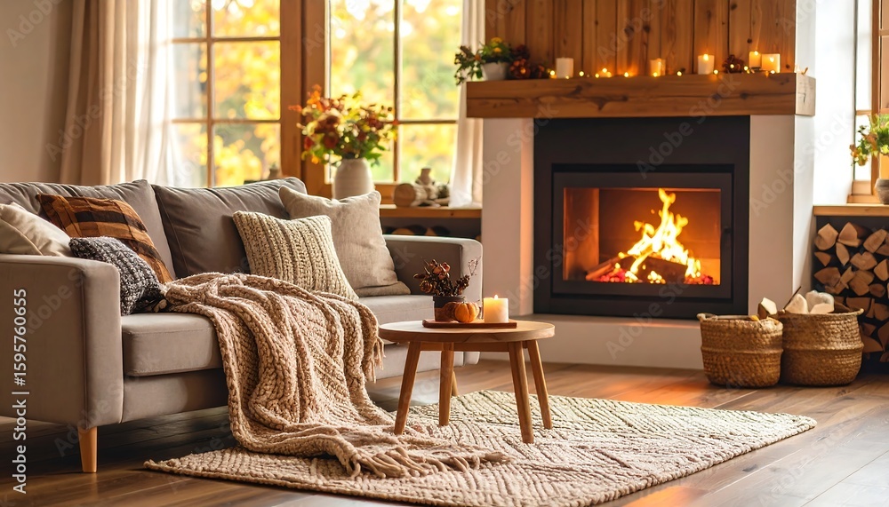 Fototapeta premium Cozy Living Room with Fireplace Autumn Vibes with Comfort, Relaxation, and Fall Decor.